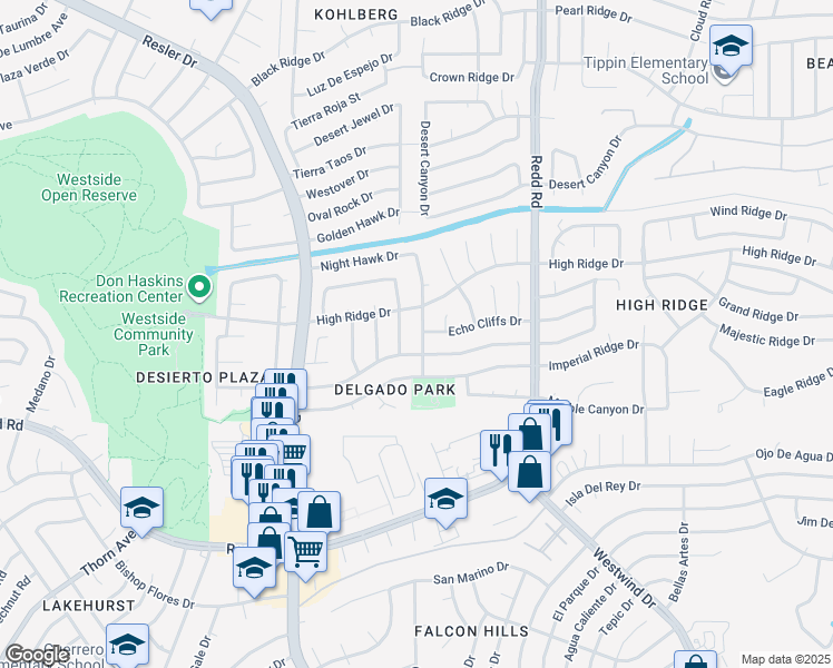 map of restaurants, bars, coffee shops, grocery stores, and more near 1119 Night Hawk Drive in El Paso