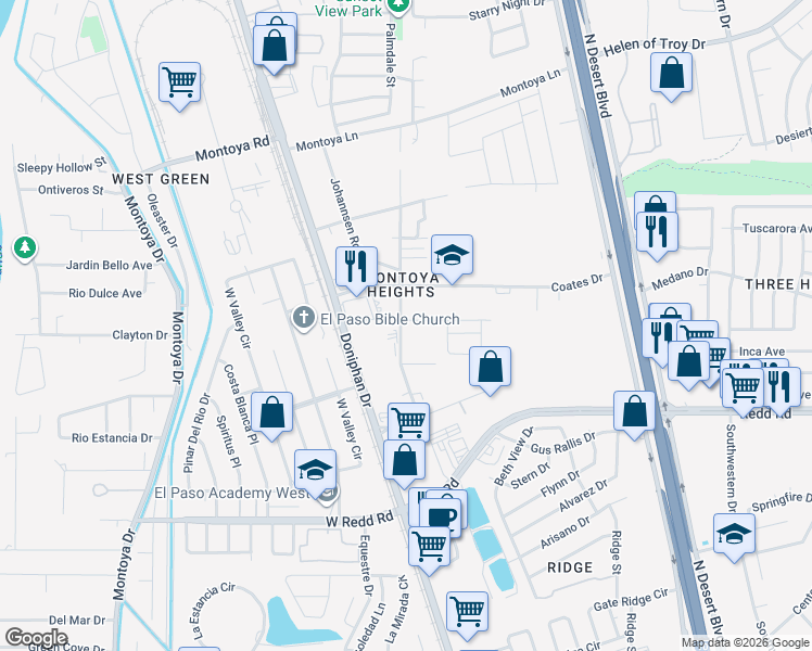 map of restaurants, bars, coffee shops, grocery stores, and more near 5710 Ethel Road in El Paso