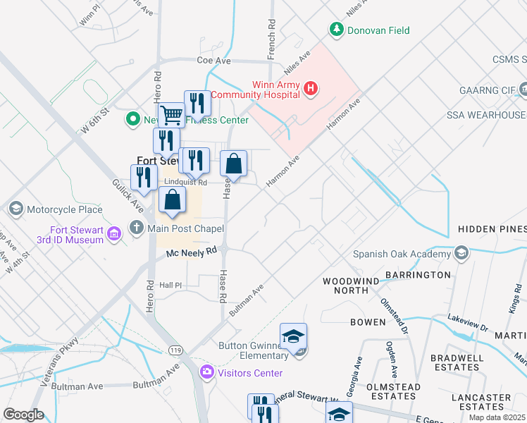 map of restaurants, bars, coffee shops, grocery stores, and more near 7336 Austin Road in Fort Stewart