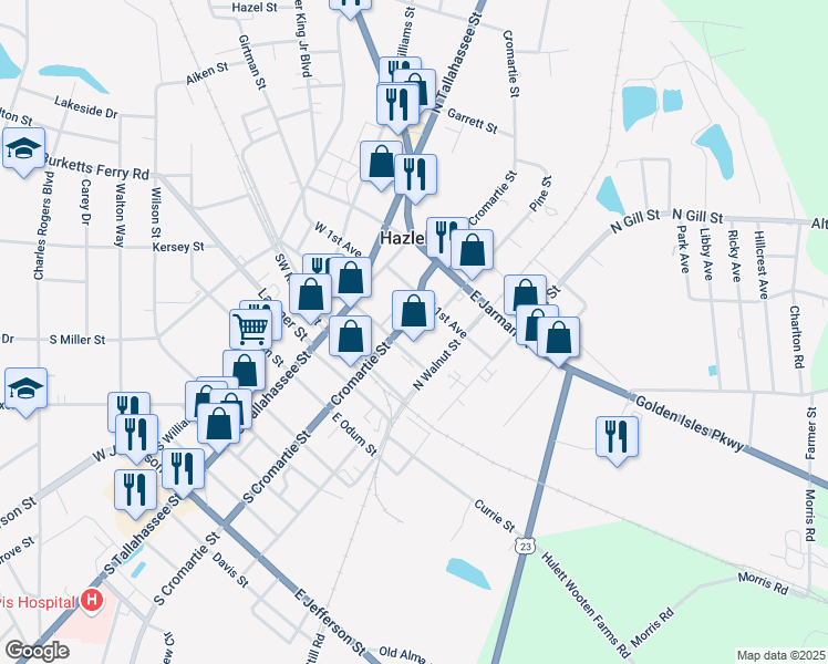 map of restaurants, bars, coffee shops, grocery stores, and more near 35 East Sycamore Street in Hazlehurst