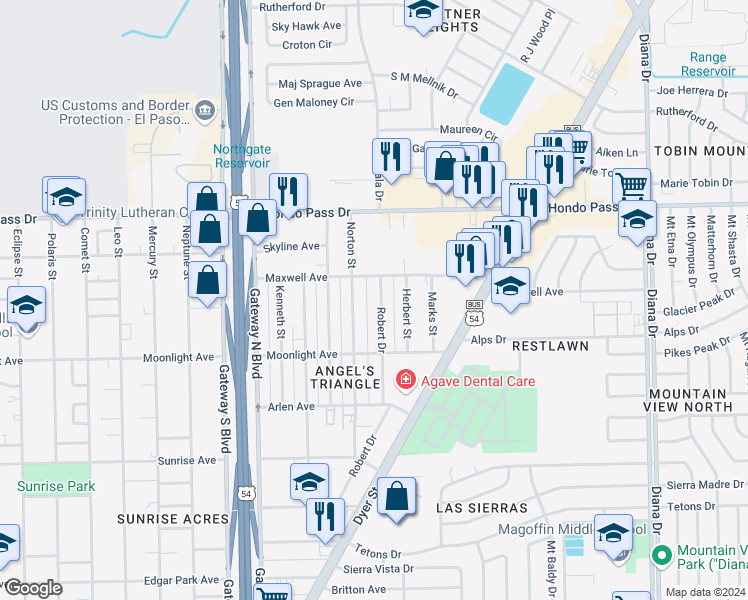 map of restaurants, bars, coffee shops, grocery stores, and more near 8940 Norton Street in El Paso