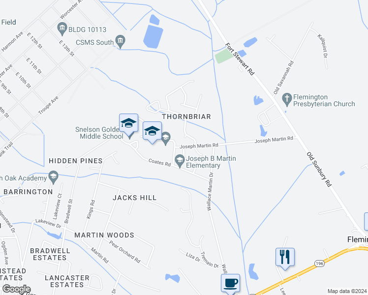 map of restaurants, bars, coffee shops, grocery stores, and more near 578 Joseph Martin Road in Hinesville