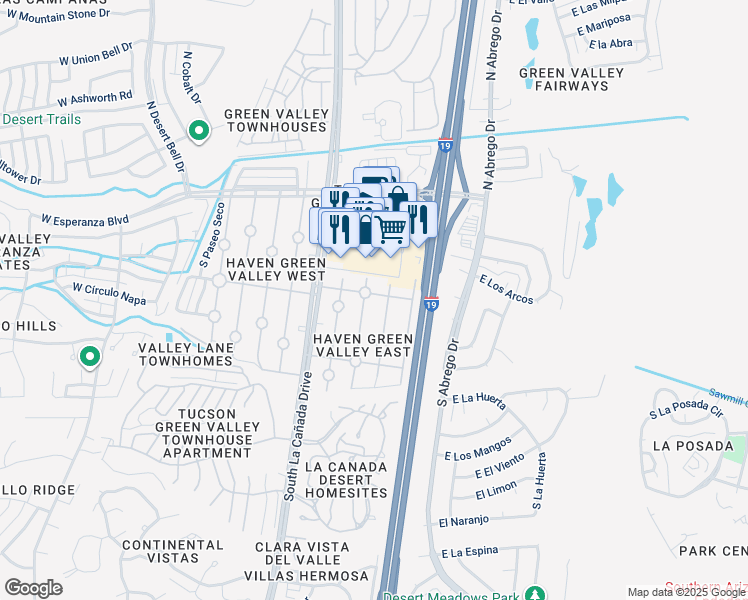 map of restaurants, bars, coffee shops, grocery stores, and more near 291 South Paseo Lobo in Green Valley