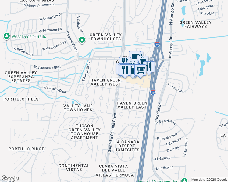 map of restaurants, bars, coffee shops, grocery stores, and more near 361 South Paseo Pena in Green Valley