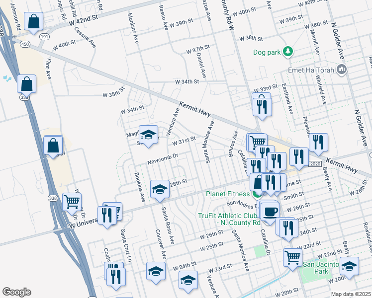 map of restaurants, bars, coffee shops, grocery stores, and more near 1804 Newcomb Drive in Odessa