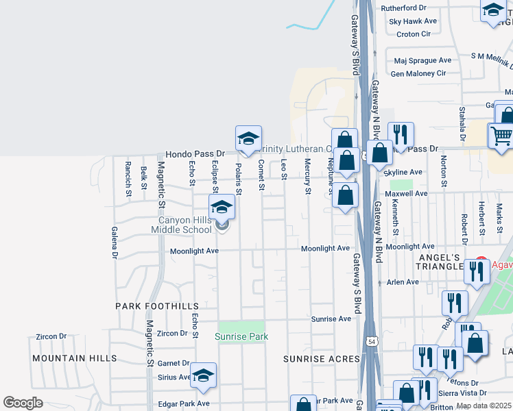 map of restaurants, bars, coffee shops, grocery stores, and more near 8951 Comet Street in El Paso