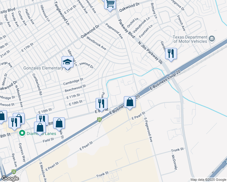 map of restaurants, bars, coffee shops, grocery stores, and more near 2801 East 8th Street in Odessa
