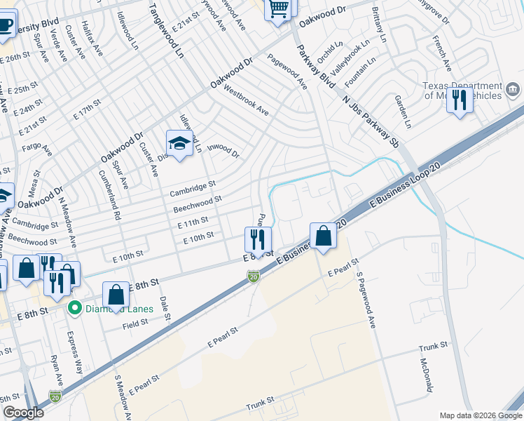 map of restaurants, bars, coffee shops, grocery stores, and more near 1046-1098 Pueblo Street in Odessa