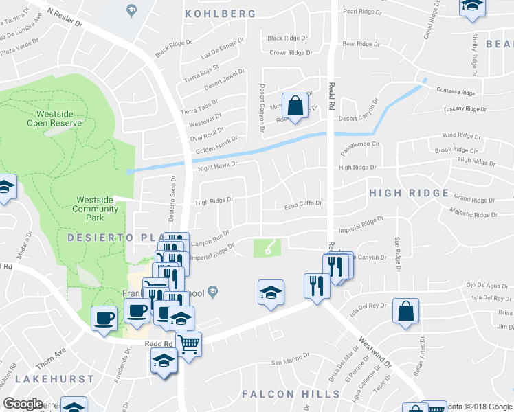 map of restaurants, bars, coffee shops, grocery stores, and more near 1131 Night Hawk Drive in El Paso