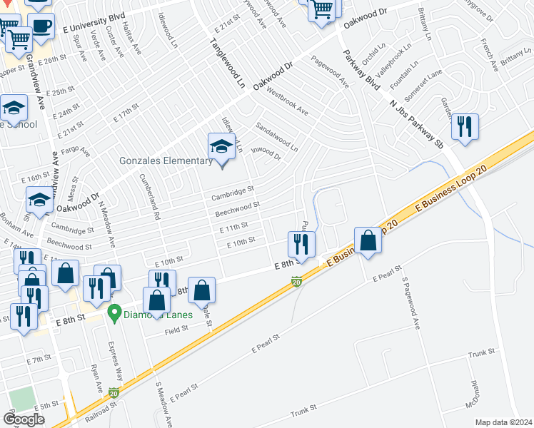 map of restaurants, bars, coffee shops, grocery stores, and more near 2807 East 11th Street in Odessa