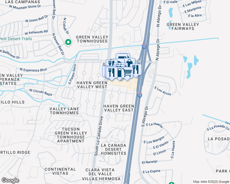 map of restaurants, bars, coffee shops, grocery stores, and more near 123 Trader Lane in Green Valley