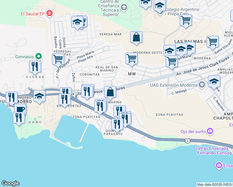 map of restaurants, bars, coffee shops, grocery stores, and more near 2 Yate in Ensenada