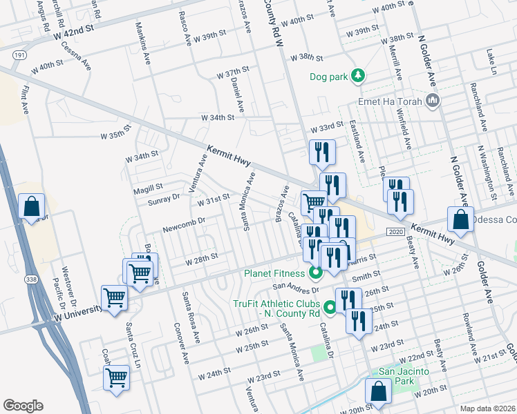 map of restaurants, bars, coffee shops, grocery stores, and more near 2814 Catalina Drive in Odessa