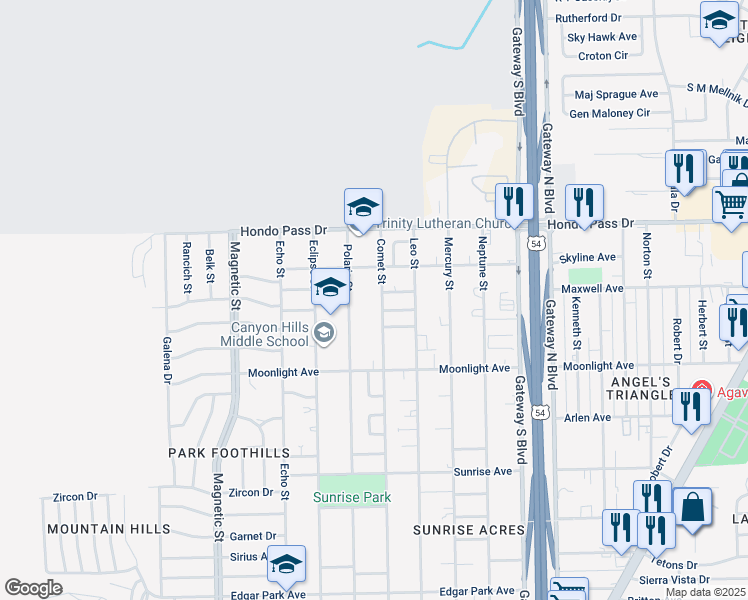 map of restaurants, bars, coffee shops, grocery stores, and more near 9027 Comet Street in El Paso