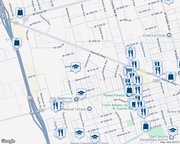 map of restaurants, bars, coffee shops, grocery stores, and more near 1901 West 31st Street in Odessa