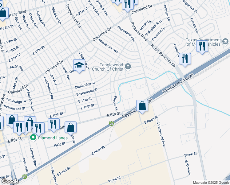 map of restaurants, bars, coffee shops, grocery stores, and more near 1046 Pueblo Street in Odessa