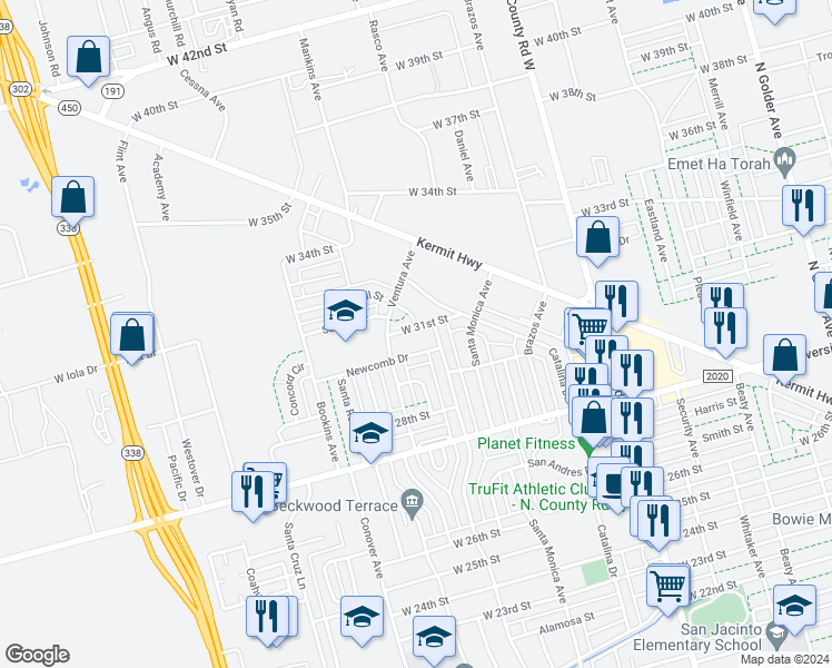 map of restaurants, bars, coffee shops, grocery stores, and more near 1813 West 31st Street in Odessa