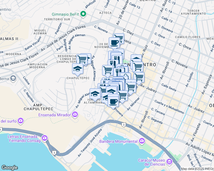 map of restaurants, bars, coffee shops, grocery stores, and more near 221 Avenida Ryerson in Ensenada