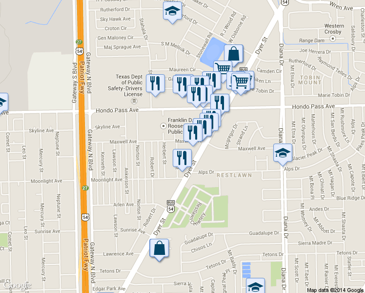map of restaurants, bars, coffee shops, grocery stores, and more near 4703 Maxwell Avenue in El Paso