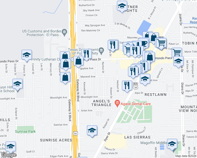 map of restaurants, bars, coffee shops, grocery stores, and more near 4512 Amazon Court in El Paso