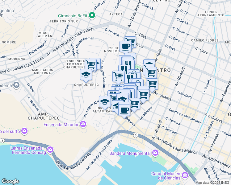 map of restaurants, bars, coffee shops, grocery stores, and more near 221 Avenida Ryerson in Ensenada