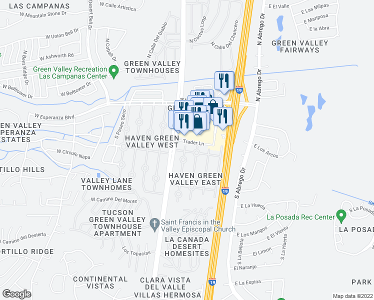 map of restaurants, bars, coffee shops, grocery stores, and more near 263 Paseo Madera in Green Valley