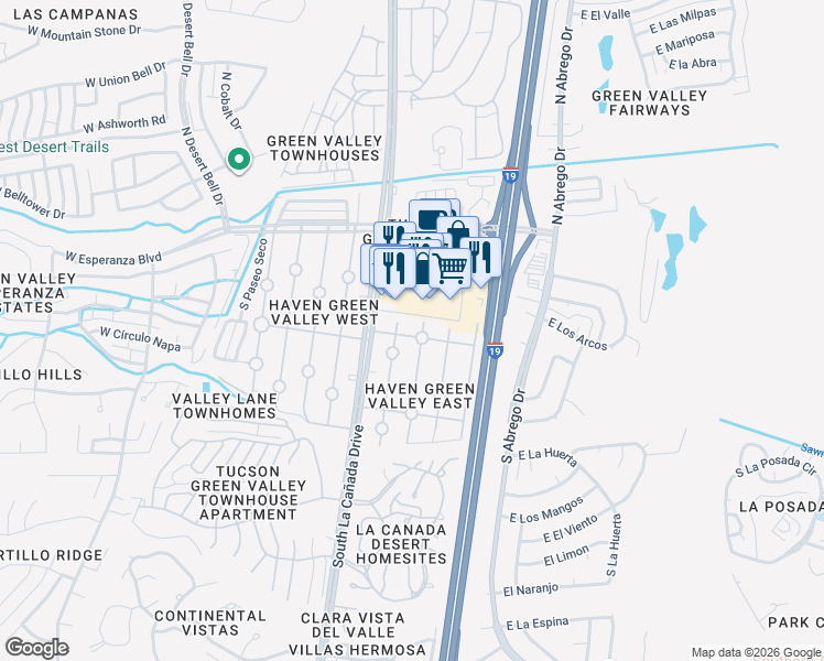 map of restaurants, bars, coffee shops, grocery stores, and more near 123 Trader Lane in Green Valley