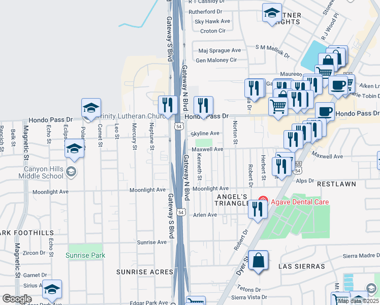 map of restaurants, bars, coffee shops, grocery stores, and more near 9010 Gateway North Boulevard in El Paso