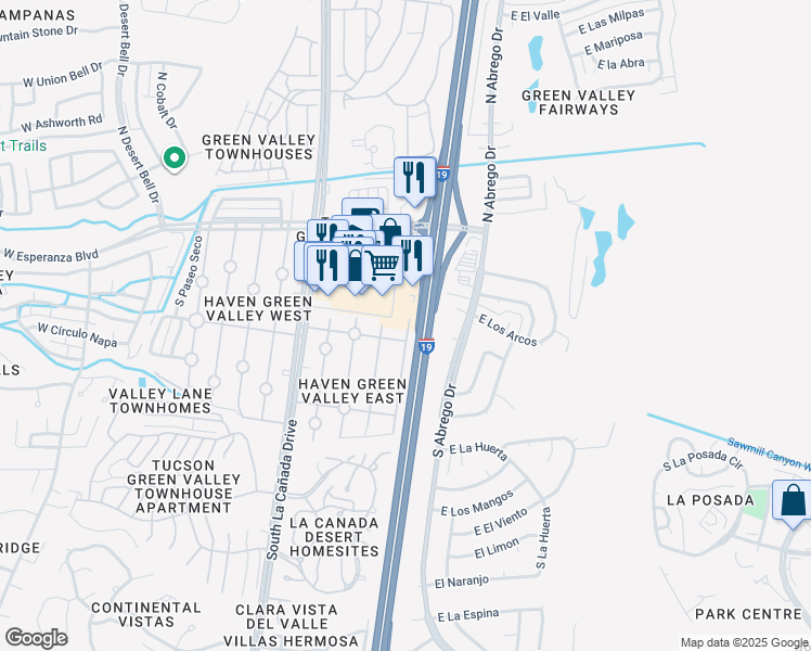 map of restaurants, bars, coffee shops, grocery stores, and more near 121 West Esperanza Boulevard in Green Valley
