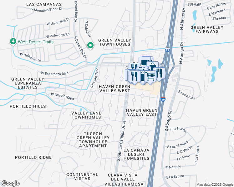 map of restaurants, bars, coffee shops, grocery stores, and more near 384 West Cam Penasco in Green Valley