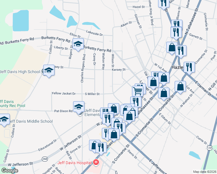 map of restaurants, bars, coffee shops, grocery stores, and more near 71 Wilson Street in Hazlehurst