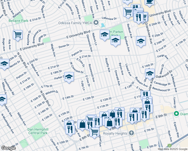 map of restaurants, bars, coffee shops, grocery stores, and more near 1422 Rosewood Avenue in Odessa