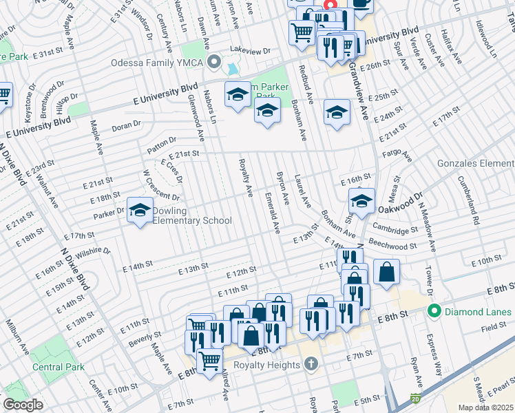 map of restaurants, bars, coffee shops, grocery stores, and more near 1412 Royalty Avenue in Odessa