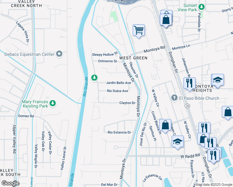 map of restaurants, bars, coffee shops, grocery stores, and more near 340 Rio Dulce in El Paso