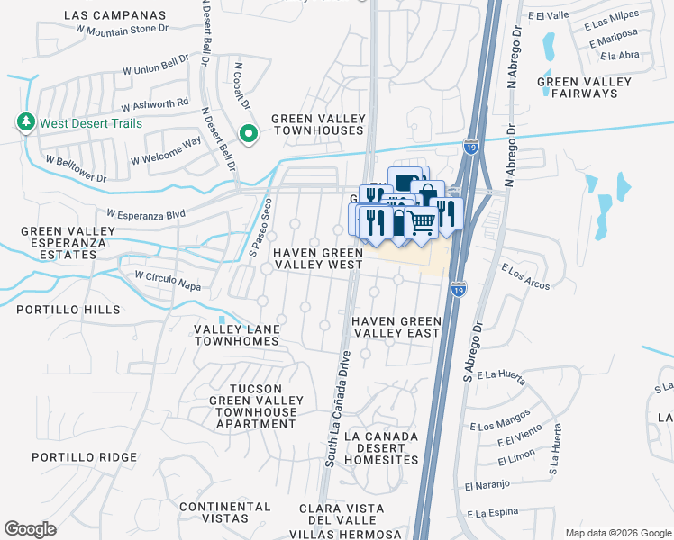 map of restaurants, bars, coffee shops, grocery stores, and more near 264 South Paseo Pena in Green Valley