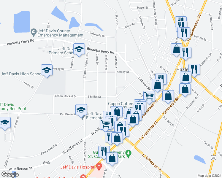 map of restaurants, bars, coffee shops, grocery stores, and more near 71 Wilson Street in Hazlehurst