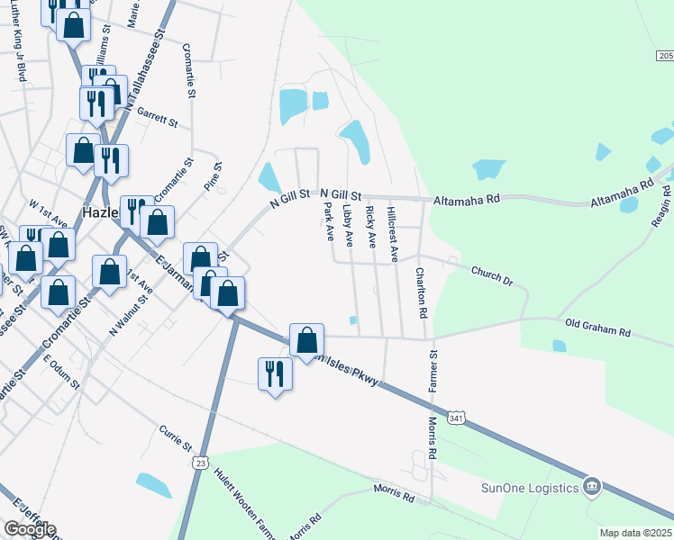 map of restaurants, bars, coffee shops, grocery stores, and more near 2 Chambers Street in Hazlehurst
