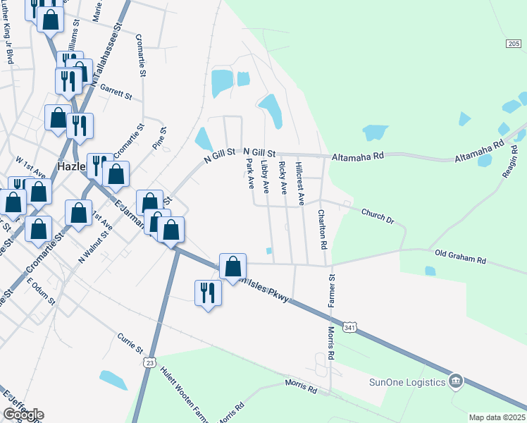 map of restaurants, bars, coffee shops, grocery stores, and more near 2 Chambers Street in Hazlehurst