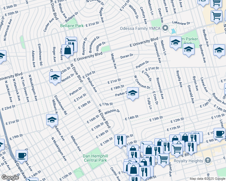 map of restaurants, bars, coffee shops, grocery stores, and more near 1400 East 18th Street in Odessa