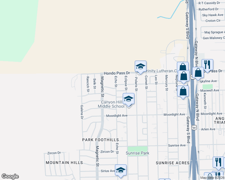 map of restaurants, bars, coffee shops, grocery stores, and more near 3410 Lankmore Avenue in El Paso