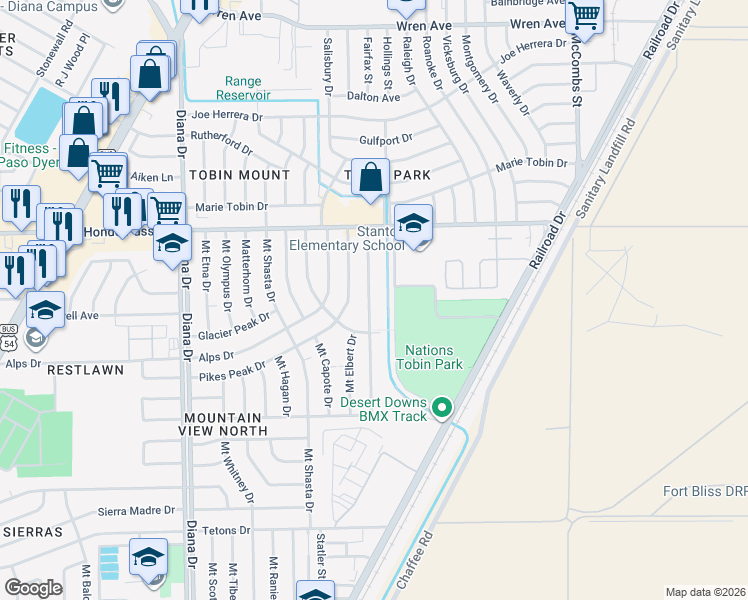map of restaurants, bars, coffee shops, grocery stores, and more near 8924 Mount Delano Drive in El Paso