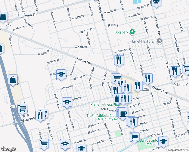 map of restaurants, bars, coffee shops, grocery stores, and more near 2814 Catalina Drive in Odessa