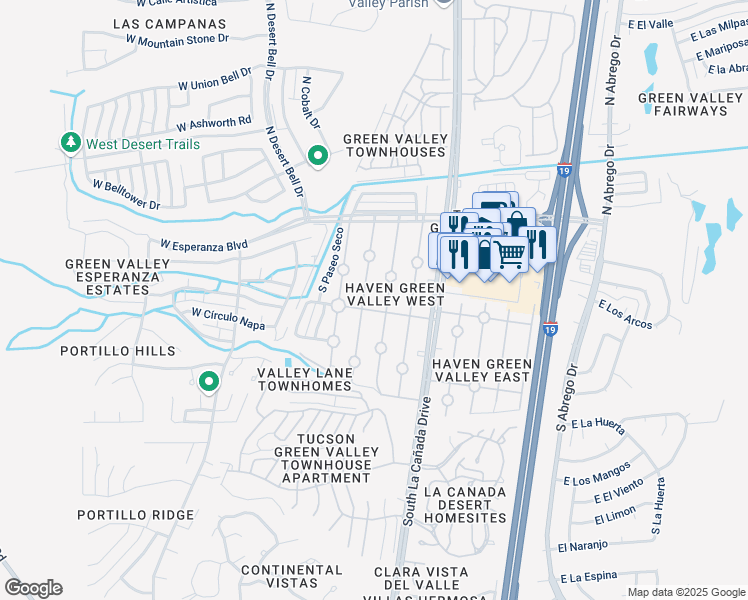 map of restaurants, bars, coffee shops, grocery stores, and more near 265 South Paseo Sarta in Green Valley