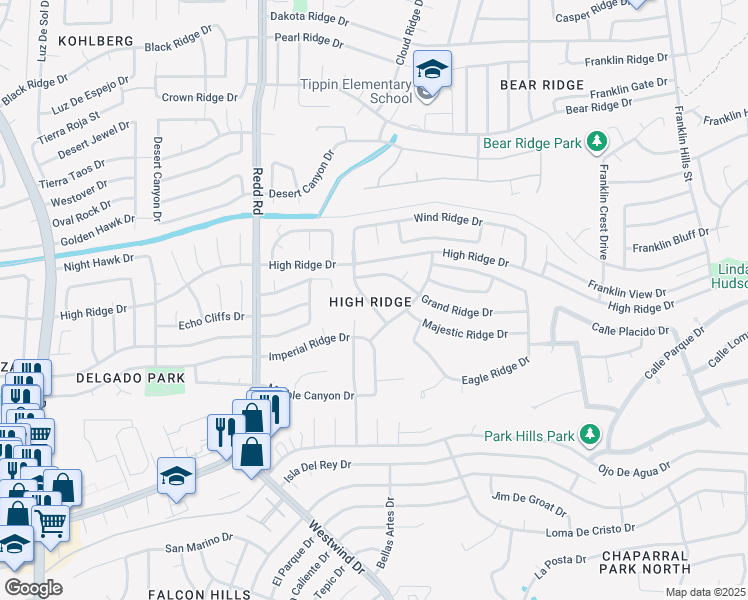 map of restaurants, bars, coffee shops, grocery stores, and more near 1115 Wind Ridge Drive in El Paso