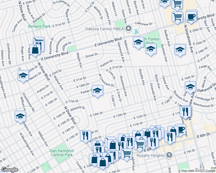 map of restaurants, bars, coffee shops, grocery stores, and more near 1707 West Crescent Drive in Odessa
