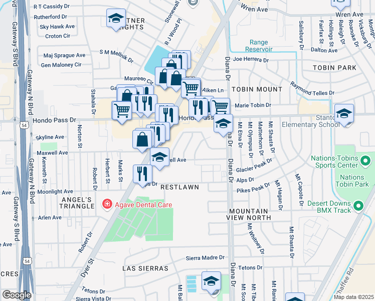map of restaurants, bars, coffee shops, grocery stores, and more near 8906 Strand Lane in El Paso