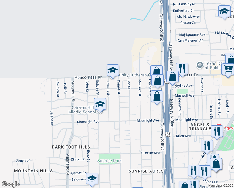 map of restaurants, bars, coffee shops, grocery stores, and more near 9027 Comet Street in El Paso