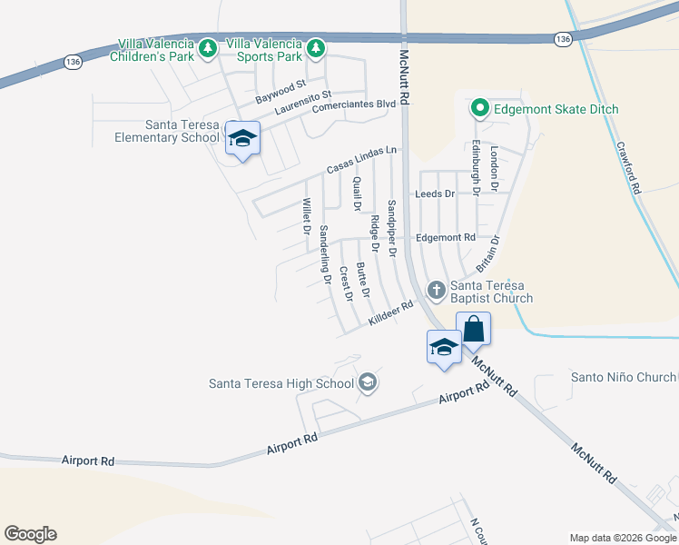 map of restaurants, bars, coffee shops, grocery stores, and more near 5786 Crest Drive in Santa Teresa