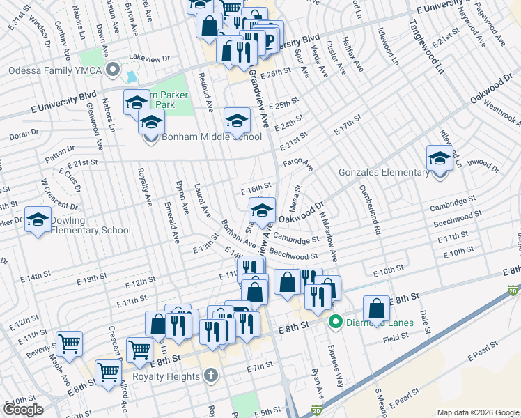 map of restaurants, bars, coffee shops, grocery stores, and more near 1500 Shafter Avenue in Odessa
