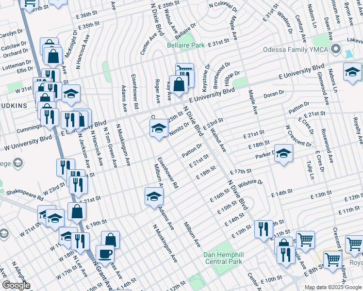 map of restaurants, bars, coffee shops, grocery stores, and more near 906 East 23rd Street in Odessa